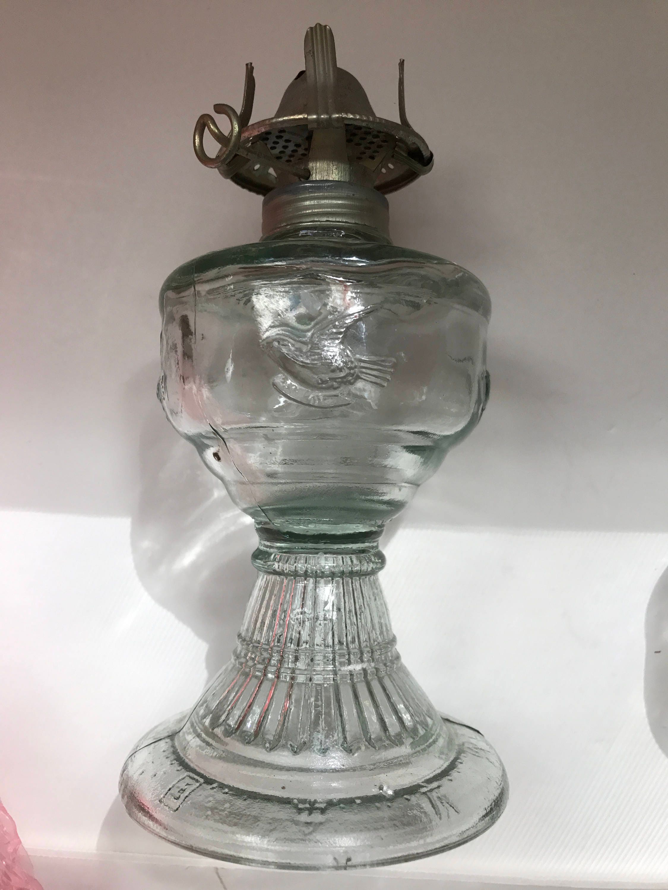 An Qing China Flying Birds Oil Lamps 1 Clear Glass & 1 Green Pressed