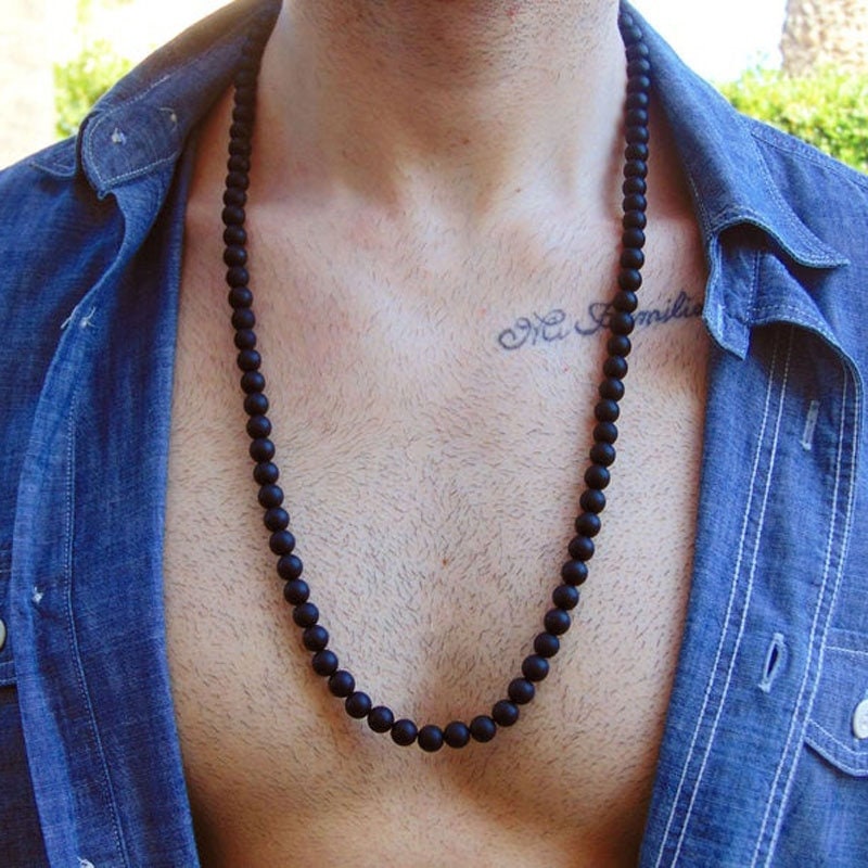 Mens Beaded Necklace Made of Black and Lemon Amber.