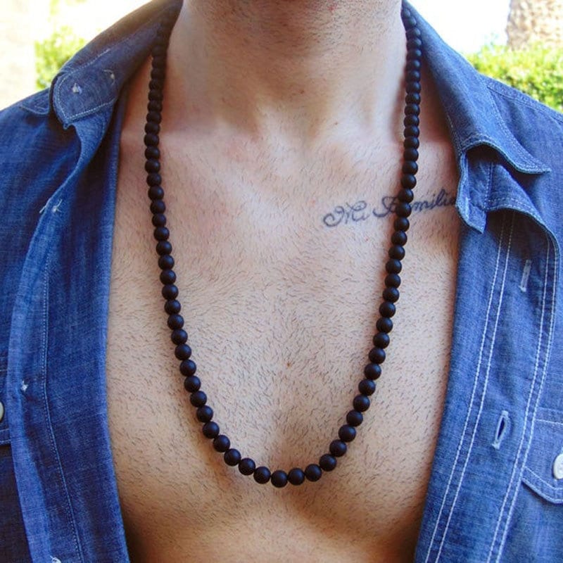 Mens Beaded Necklace Made of Black and Lemon Amber.