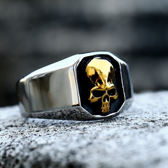 Men s Biker Square Gold Coloured Skull Ring Stainless Steel Gothic
