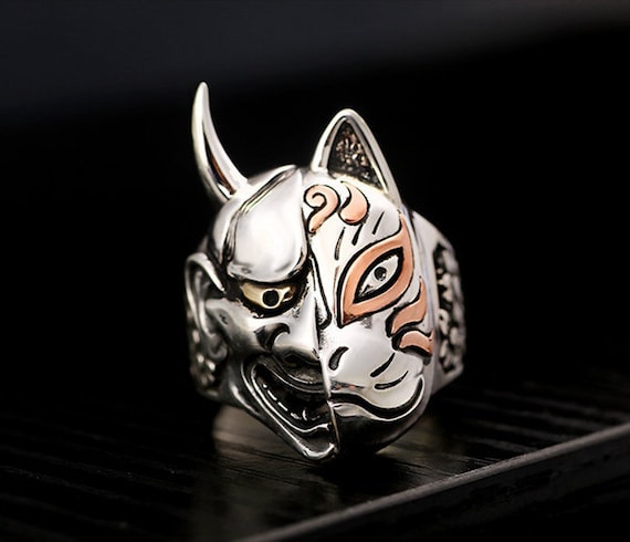 Máscara japonesa Vampiro 925 Sterling Silver Anillo Cráneo Gótico Biker Diablo Demonio