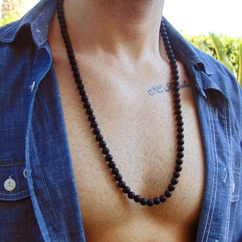 Black Beaded Necklace Men's Black Beads Lightweight Etsy UK