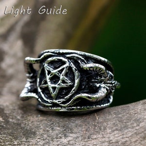 Pentagram Pentacle Satanic Demon Devil Lucifer Goats Skull Baphomet Stainless Steel Ring - Punk Gothic Men's Women's Biker Ring