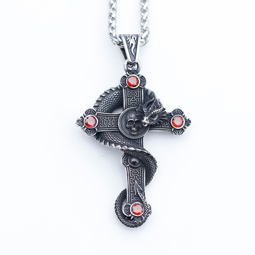 Spoo-Design, Kreuz mit Drache oder Schlange und Totenkopf, Gothic  Halskette