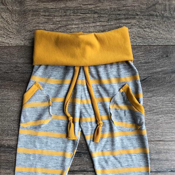 Mustard Stripe Fold-Over Leggings | Toddler Leggings | Baby Leggings | Modern Baby | Pocket Pants | Hipster Pants