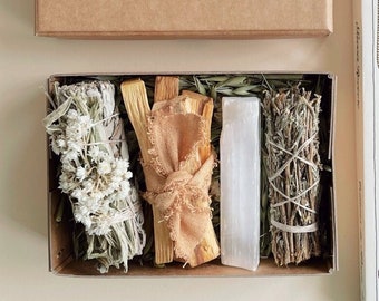 Energy Cleansing Ritual Kit - Sage Smudge Kit (White & Desert Sage) + Palo Santo + Selenite Crystal