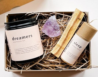 Sleep Well-cadeauverpakking: aromatherapiebalsem, kruidenthee, amethist, palo santo