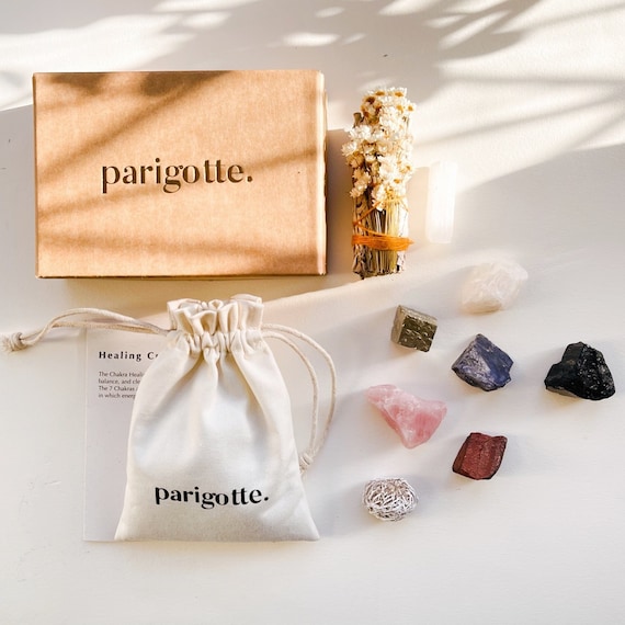 7 Chakra Crystals Set: Raw Stones Kit with Sage & Bag