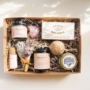Meditation Kit - Stress Relief Deluxe Box: De-Stress Tea + Calm Balm +  Bath Salts + Sage Smudge + Palo Santo + Candle + Quartz + Strainer