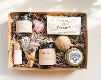 Meditation Kit - Stress Relief Deluxe Box: De-Stress Tea + Calm Balm +  Bath Salts + Sage Smudge + Palo Santo + Candle + Quartz + Strainer