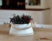 Minimalist Double Planter with Rope, Ceramic Hanging Plant Pot, Handmade Oval Pottery Pot