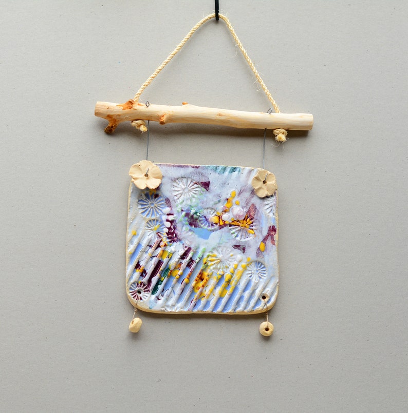 Ceramic Tile and Wood Wall Art Textured Pottery Tile Hanger Etsy