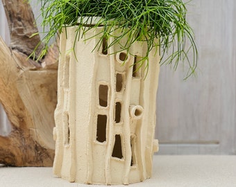 Openwork Ceramic Log Plant Stand with Plant Pot