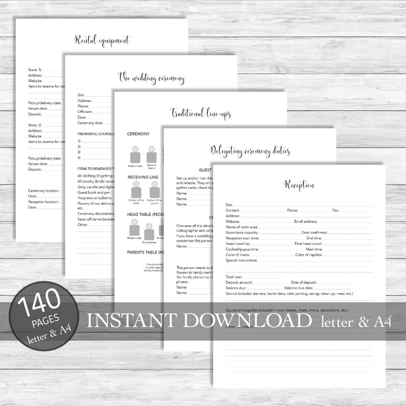 May include: A printable wedding planning checklist with sections for rental equipment, the wedding ceremony, traditional line-ups, delegating ceremony duties, and the reception. The checklist includes sections for contact information, dates, times, and other important details.