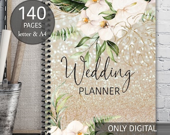 Gold wedding planner, Digital wedding planner, Printable wedding planner, Wedding binder, Tropical wedding planner, Instant download planner