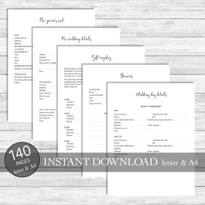 May include: A printable wedding planning checklist with sections for the groom's suit, pre-wedding details, gift registry, showers, and wedding day details. The checklist includes sections for beauty appointments, hair, makeup, and other vendors.
