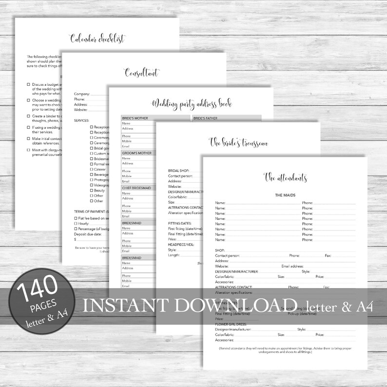 May include: A black and white printable wedding planning checklist and address book. The checklist includes sections for the bride's mother, groom's mother, chief bridesmaid, and bridesmaid. The address book includes sections for the bridal shop, designer, and alterations contact. The checklist and address book are designed to help brides plan their wedding.