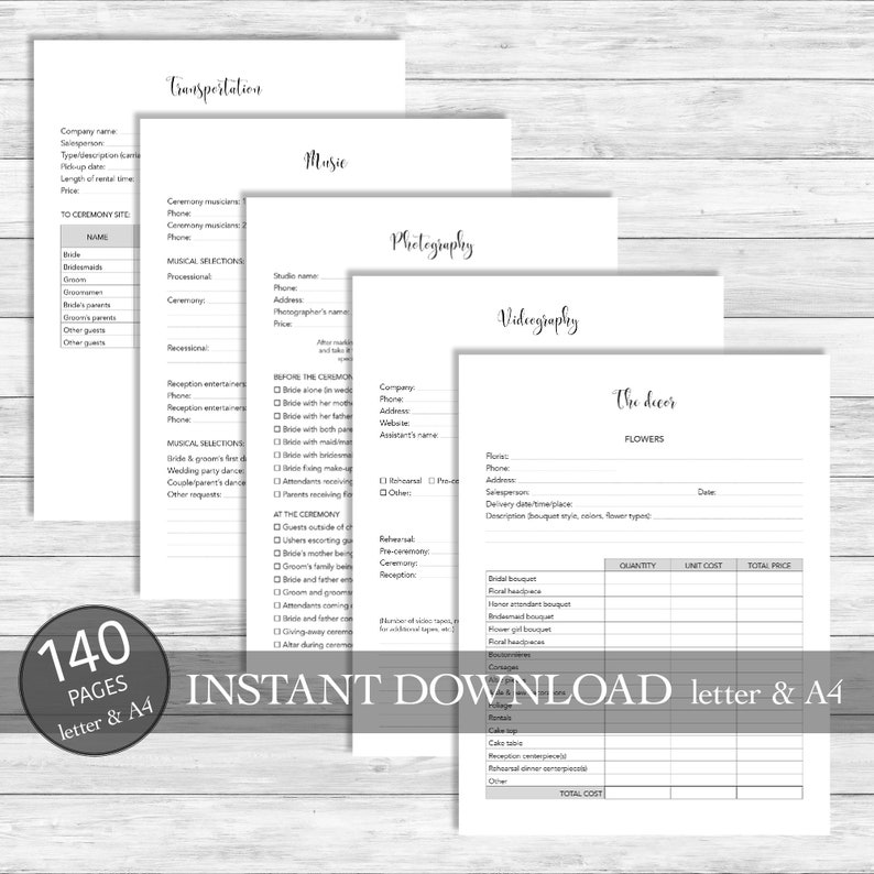 May include: A printable wedding planning checklist with sections for transportation, music, photography, videography, and the decor. The checklist includes sections for flowers, with columns for quantity, unit cost, and total price.