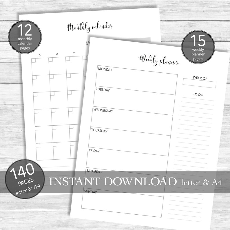 May include: Printable planner pages with 12 monthly calendar pages and 15 weekly planner pages. The pages are designed in a simple, minimalist style with black lines on white paper. The text "INSTANT DOWNLOAD letter & A4" is printed on the bottom of the page.