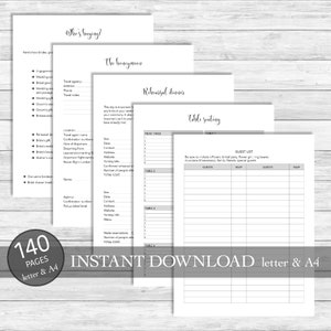 May include: A printable wedding planning checklist with sections for "Who's Buying?", "The Honeymoon", "Rehearsal Dinner", and "Table Seating". The checklist includes sections for guests, RSVPs, and a guest list.