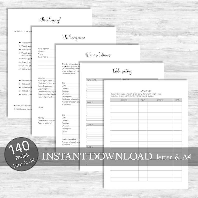 May include: A printable wedding planning checklist with sections for "Who's Buying?", "The Honeymoon", "Rehearsal Dinner", and "Table Seating". The checklist includes sections for guests, RSVPs, and a guest list.