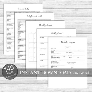 May include: A printable wedding planning checklist and budget tracker with sections for vendor contacts, monthly calendar, weekly planner, and the bride's trousseau. The checklist includes sections for bridal gown, bridal shop, designer, alterations, and fitting dates.