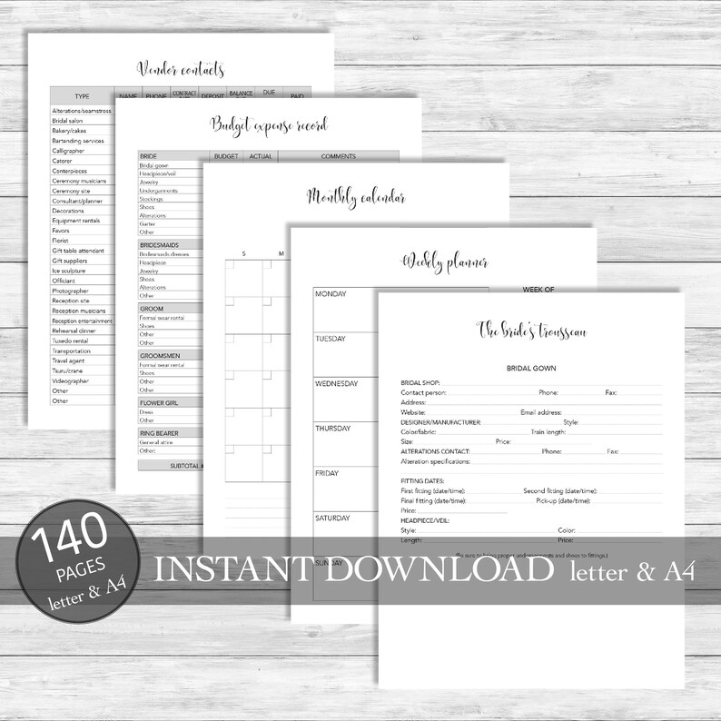 May include: A printable wedding planning checklist and budget tracker with sections for vendor contacts, monthly calendar, weekly planner, and the bride's trousseau. The checklist includes sections for bridal gown, bridal shop, designer, alterations, and fitting dates.