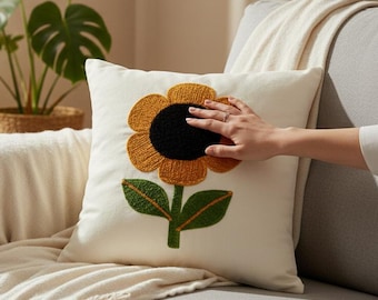 Sonnenblume gesticktes Kissen | Blumenakzentkissen | Boho Bauernhaus Dekor