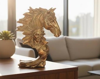 Goldpferdefigur mit Native Chief Detail | Handgefertigte Skulptur aus Polyresin Luxus Wohnkultur