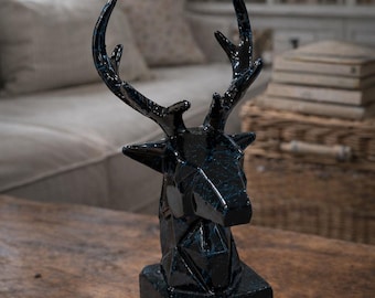 Geometrische Hirschkopf Skulptur | Schwarz & Blau Modernes Dekor | Statement Home Akzent