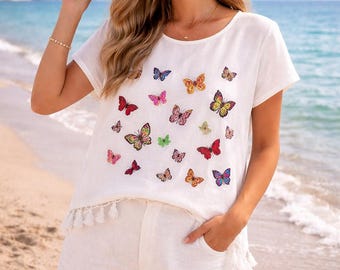 Gesticktes Schmetterlingsmuster Weiße Baumwollbluse, Boho Sommer Top für Frauen, Quaste Saum Shirt