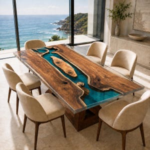 Puede incluir: Una mesa de comedor rectangular con un tablero de madera de borde natural y un diseño de río central hecho de resina azul translúcida. La mesa se apoya sobre una base de madera y está rodeada por seis sillas tapizadas en tela beige claro.