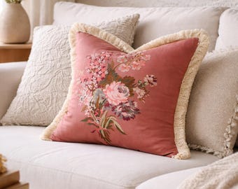 Rosa Satinkissen, Vintage Fransenkissen, romantisches Dekor 16x16