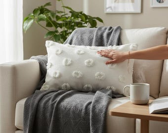 Weiß getuftet lumbalen Kissenbezug | Strukturiertes Neutralkissen | Minimal Boho Akzent Kissenbezug