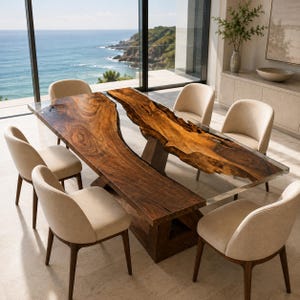May include: A dining table featuring two natural live-edge wood slabs separated by a clear resin center, supported by a dark wood base, surrounded by six upholstered beige chairs with dark wooden legs, positioned in a bright room.