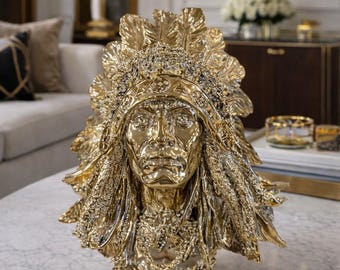 Tribal Häuptling Büste Skulptur | Statement Dekor mit Gold-Finish | Gewagtes Interior Objekt