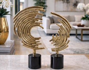 Kreisförmiges Gold abstraktes Skulptur Set | Moderne Kunst Duo | Statement Innendekor