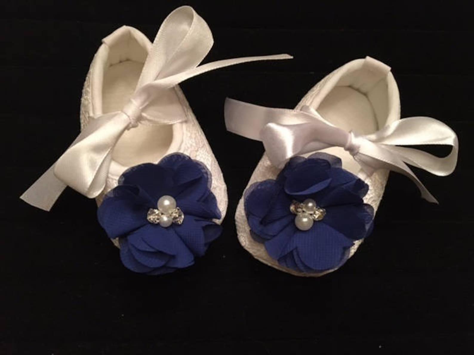 white lace baby shoes with royal blue flower - baby flower girl baby shoes - baby dress christmas shoes - baby ballet slippers