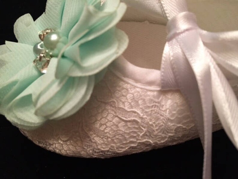 White Lace Baby Shoes With Mint Green Flower Baby Flower Girl Baby