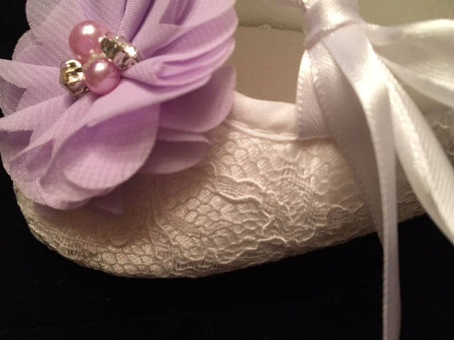 white lace baby shoes with lavender flower accent - lilac flower girl baby shoes - baby dress christmas shoes - baby ballet slip