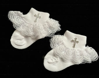 White Lace Baby Socks  ~ Christening Socks - Baby Girl Baptism Dedication Christmas Socks - Formal lace dress socks with Rhinestone Cross