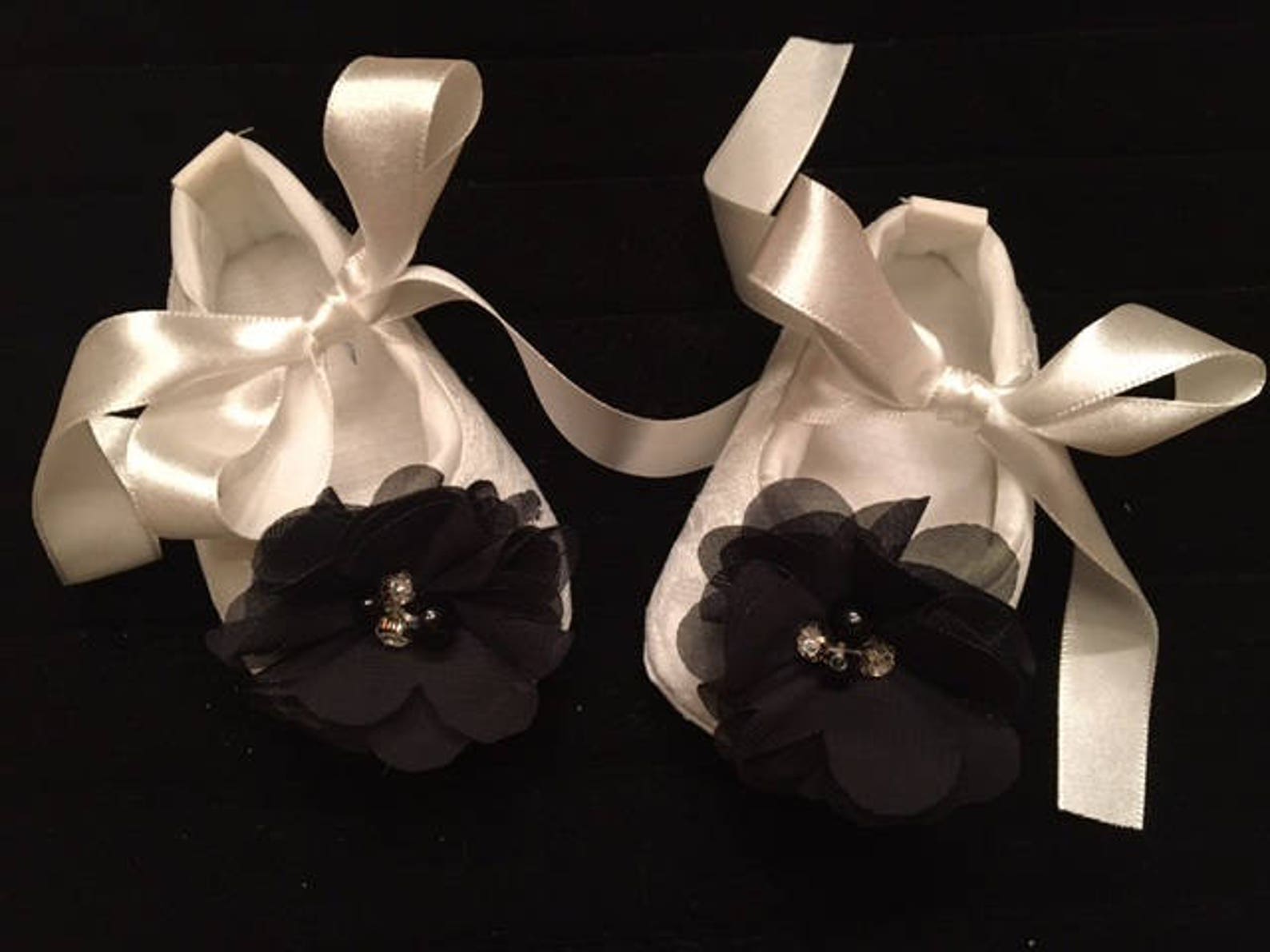 light ivory off white lace baby shoes with black flower - baby flower girl baby shoes - baby dress christmas shoes - baby ballet
