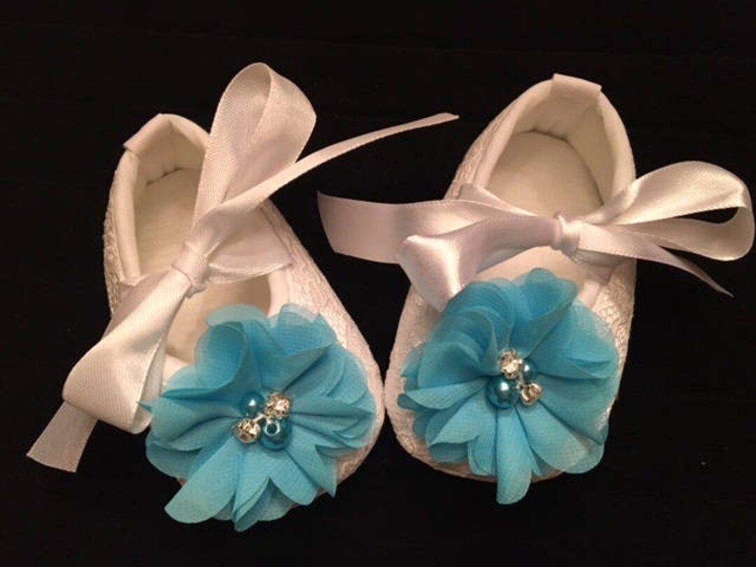 White Lace Baby Shoes With Turquoise Flower Baby Flower Girl Etsy