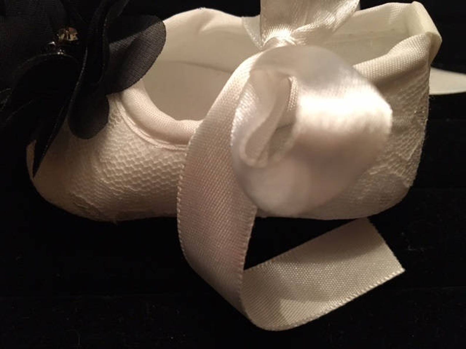 light ivory off white lace baby shoes with black flower - baby flower girl baby shoes - baby dress christmas shoes - baby ballet