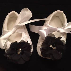 White Lace Baby Shoes with Black Flower Baby Flower Girl Baby Shoes Baby Dress Christmas Shoes Baby Ballet Slippers image 1