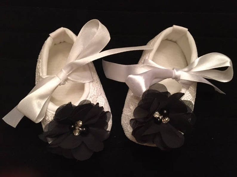 White Lace Baby Shoes with Black Flower Baby Flower Girl Baby Shoes Baby Dress Christmas Shoes Baby Ballet Slippers image 1