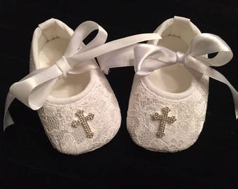 White Lace Baby Christening Shoes - Baby Girl Baptism Shoes - Baby Girl Dedication Christmas Shoes - Baby Ballet Slippers