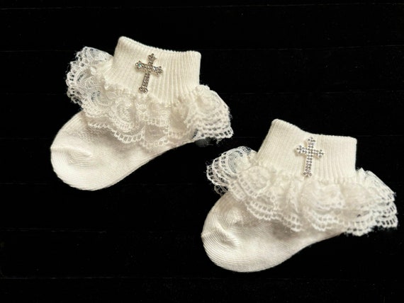Off White ~ Milk White Lace Christening Baby Socks - Ivory Baby Girl Baptism Dedication Christmas Formal Dress Socks with Rhinestone Cross