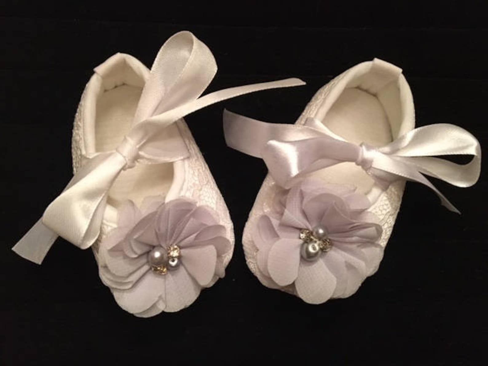 white lace baby shoes with gray flower accent - grey baby flower girl shoes - baby dress christmas shoes - baby ballet slippers