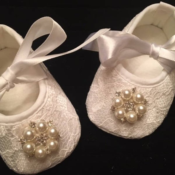 White Lace Baby Shoes with Rhinestone and Pearl Accent - Baby Flower Girl Christmas Dress Shoes - Christening Baptism - Baby Ballet Slippers